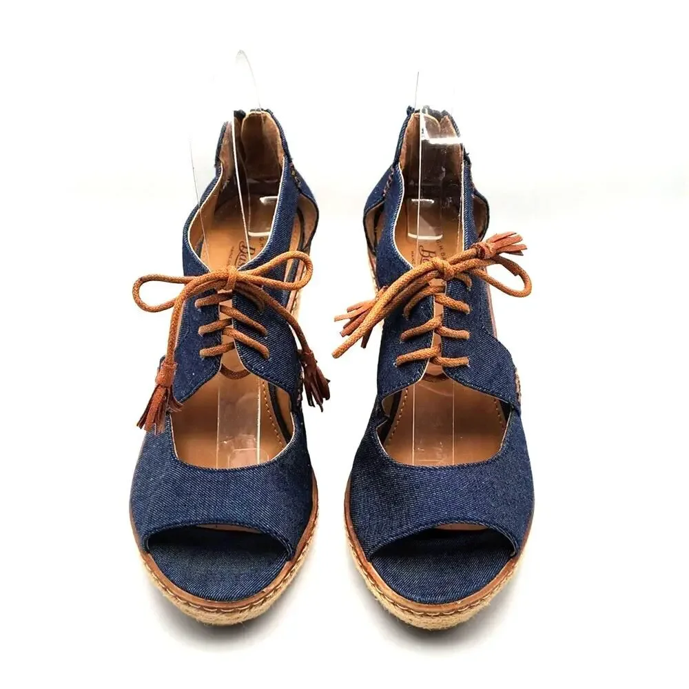 GH Bass Krista‎ Denim Espadrille Wedge Heel Open Toe Tie Front Zipper Size 7.5
